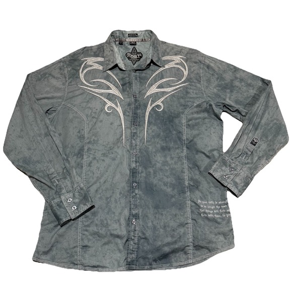 Roar Other - Roar Embroidered Cross Grunge Y2k Button Up Shirt Mens 2XL Distressed Western